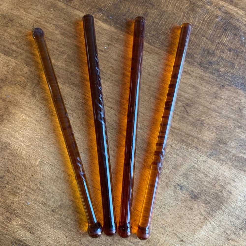 Set of 4 Fred Harvey Amber Glass Swizzle Sticks – Silver Overlay – 5” - Vintage